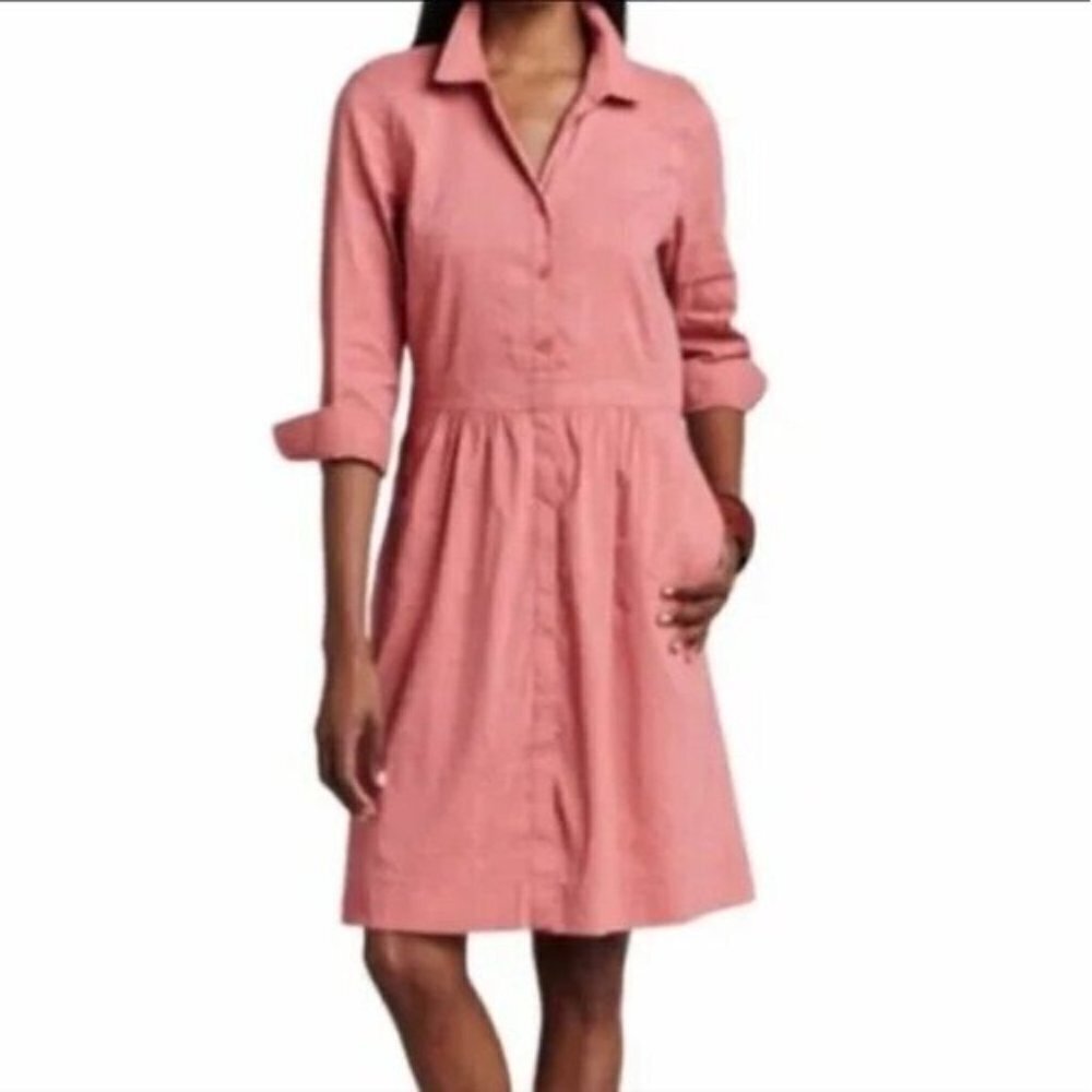 Eileen Fisher Linen 3/4 Sleeve Button Down Pockets Collar Shirt Dress Medium